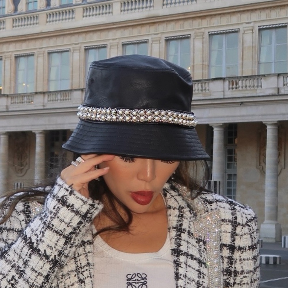 Brothers and sisters black faux leather and pearl bucket hat L/XL